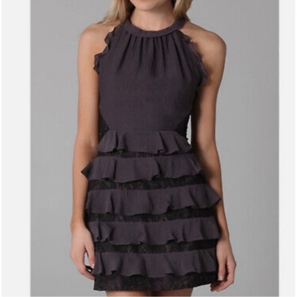 Rebecca Taylor Silk And Lace Tiered
Dress Halter Size 6 Color Slate /
Eggplant